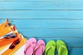 Beach background, flip flops, sunglasses, copy space Royalty Free Stock Photo