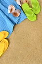 Summer beach background flip flops sand copy space vertical Royalty Free Stock Photo