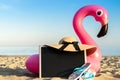 Beach background. Funny pink toy flamingo with blackboard, slippers and hat for text on ocean nature beach background in sunny Royalty Free Stock Photo