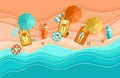 Beach background sea waves sand sunbathing people umbrella papercut paper craft Royalty Free Stock Photo