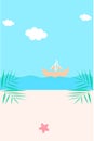 Beach background with starfish, sand boat, coconut leaves and sea. Seaside view poster. Summer holidays illustration and summer ve Royalty Free Stock Photo