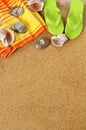 Beach background border, flip flops, sand copy space vertical Royalty Free Stock Photo