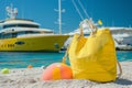 beach bag with beach ball, yacht front, coastal line Royalty Free Stock Photo