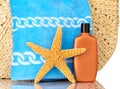 Beach Bag, Blue Towel, Sunscreen, Starfish Royalty Free Stock Photo