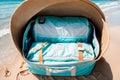 A beach bag packed for a day under the sun Royalty Free Stock Photo
