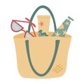 Beach bag. Straw basket with sunglasses and sunscreen. Concept. Vector illustration. Isolated hand drawn objects