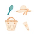 Beach Bag, Sun Cream, Comb, Summer Hat. Summer items  clip art set. Trendy vector flat icons, isolated on white. Design for web Royalty Free Stock Photo