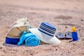 Beach Bag and Sun Hat on Sunny Sandy Beach Royalty Free Stock Photo