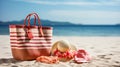 Beach Bag and Supplies for Day at the Beach on Shore with Deserted Beach in Background - Sun Hat, Flip Flops, Towel, Sunscreen Royalty Free Stock Photo