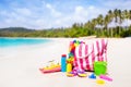 Beach bag with swimming accessories. Sea vacation. Royalty Free Stock Photo