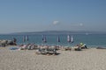 Beach in Baka Voda in Croatia with umbrellas Royalty Free Stock Photo