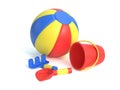 Beach ball and kids sand toys, bucket, shovel and rake 3d rendering Royalty Free Stock Photo
