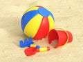 Beach ball and kids sand toys, bucket, shovel and rake in sand 3d rendering Royalty Free Stock Photo