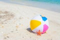 Beach ball and star fish on the sand Royalty Free Stock Photo