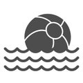 Beach ball on waves solid icon, summer concept, toy ball floating on water sign on white background, Beachball in sea Royalty Free Stock Photo