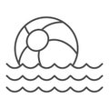 Beach ball on waves thin line icon, summer concept, toy ball floating on water sign on white background, Beachball in Royalty Free Stock Photo