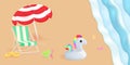 Beach banner. Beach umbrella, chair, baby bucket. Cute white unicorn. Life ring. Against a background of sand and sea. Realistic Royalty Free Stock Photo