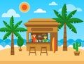 Beach bar. Exotic summer restaurant on sea coast. Beach bar with cocktails, fruit shakes, alcohol drinks. Summer party Royalty Free Stock Photo