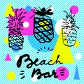 Beach Bar. Modern Calligraphic Hand Drawn Design Card With Pineapples