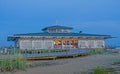 Beach Bar near sea water, lights, night time, party time. Albena from Bulgaria