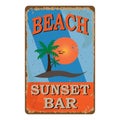 Beach bar retro damaged rusty sign board. Vintage advertisement for tropical cafe bar. Sun, summer and sea theme. Royalty Free Stock Photo