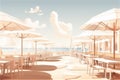 beach bar with tables and umbrellas on a sandy coast line with , set against the backdrop ocean