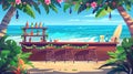 Beach bar with tropical decor on a seaside background. Modern cartoon illustration of exotic drinks and coconut juice Royalty Free Stock Photo