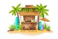 Beach bar tropical hut, vector summer Hawaii tiki restaurant terrace, palm tree, seashore sand chair. Royalty Free Stock Photo