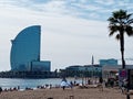 Beach of Barcellona in Spain with Palm and moderni Building Royalty Free Stock Photo