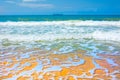 Beach beautiful thatched umbrellas and bright turquoise sea, great recreation and relaxation. tropical paradise. Royalty Free Stock Photo