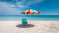 Beach bed, umbrella and white sand on tropical sea shore in summer, generative AI Royalty Free Stock Photo