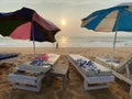 Beach beds and umbrellas at a coastal shack in Goa Royalty Free Stock Photo