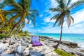 Beach beds under the palm trees on paradise beach at tropical Resort. Riviera Maya - Caribbean coast at Tulum in Quintana Roo, Royalty Free Stock Photo