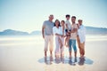 Beach, big family and portrait of grandparents, kids and parents, smile and bonding on ocean vacation mockup. Sun, fun Royalty Free Stock Photo