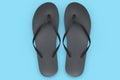 Beach black flip-flops or sandals isolated on blue background.