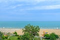 Beach of Black Sea from Albena, Bulgaria with golden sands, blue Royalty Free Stock Photo