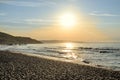 Beach of Black Sea from Albena, Bulgaria with golden sands, blue Royalty Free Stock Photo