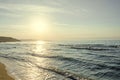 Beach of Black Sea from Albena, Bulgaria with golden sands, blue Royalty Free Stock Photo