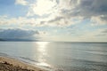 Beach of Black Sea from Albena, Bulgaria with golden sands, blue Royalty Free Stock Photo