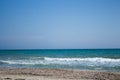 The beach of the Black sea. empty sandy beach with seashells. Blue sky