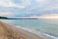 Beach of Black Sea from Golden Sands, Bulgaria with blue clear water, fluffy clouds sky, hotels Royalty Free Stock Photo