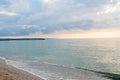 Beach of Black Sea from Golden Sands, Bulgaria with blue clear water, fluffy clouds sky, hotels Royalty Free Stock Photo