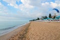 Beach of Black Sea from Golden Sands, Bulgaria with blue clear water, fluffy clouds sky, hotels Royalty Free Stock Photo