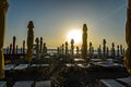 Beach of Black Sea from Mamaia, Romania with sunbeds and umbrellas, foggy day. Royalty Free Stock Photo