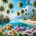 Beach Bliss: AI-Crafted Tropical Coastline with Palm Trees and Floral Splendor