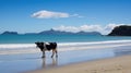 Beach Bliss: A Black and White Cow Grazing on a Pristine South Sea Shore. Generative AI