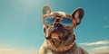 Beach Bliss Cute French Bulldog Strikes a Pose with Funny Sunglasses. Generative AI