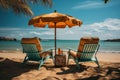 Beach bliss with lounge chairs palm tree and umbrella, best summer image