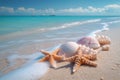 Beach bliss Pastel seashells, starfishes on tranquil sandy shoreline paradise