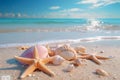 Beach bliss Pastel seashells, starfishes on tranquil sandy shoreline paradise